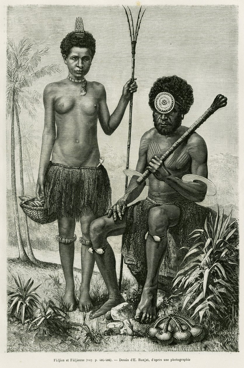 Um casal de Fiji. Gravura de E.Ronjat para ilustrar a história Promenades en Oceanie, de Aylic Marin, em le tour du monde 1887, dirigido por Edouard Charton (1807-1890), Hachette, Paris. de Etienne Antoine Eugene Ronjat