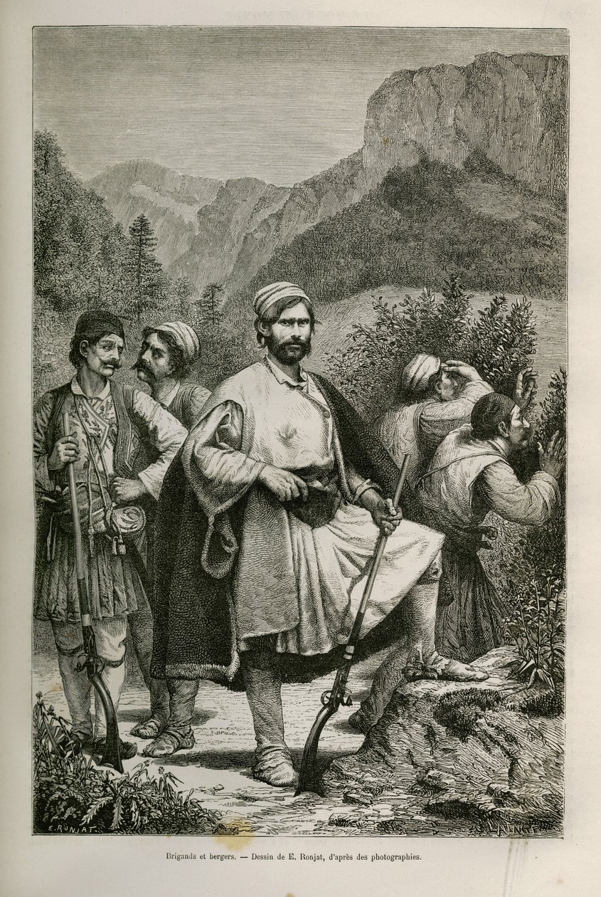 Brigadeiros e pastores gregos, cúmplices nas montanhas, desenhados por E.Ronjat, para ilustrar a história de Henri Belle: Viagem à Grécia de Etienne Antoine Eugene Ronjat