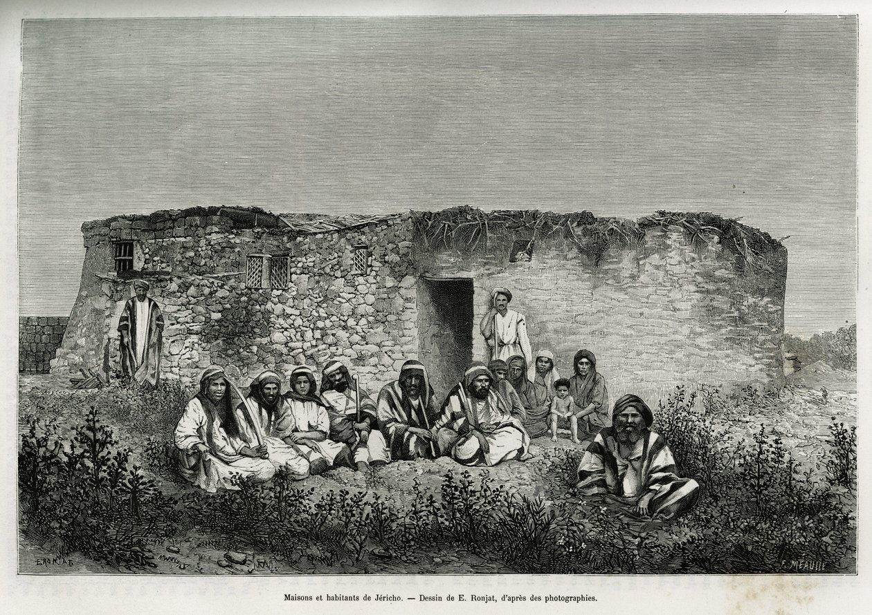Casas e habitantes de Jericó (Cisjordânia). Gravura de E.Ronjat, para ilustrar a história da Síria hoje, de M.Lortet, reitor da Faculdade de Medicina de Lyon, encarregado de uma missão científica pelo Ministério da Educação Pública, publicada no Tour de Etienne Antoine Eugene Ronjat