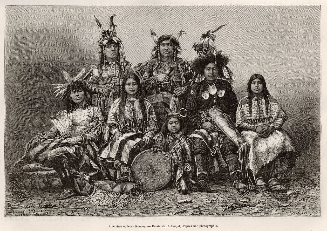 Guerreiros indianos e suas esposas (Texas). Gravura após o desenho de E.Ronjat, para ilustrar a história La conquete blanche, de William Hepworth Dixon, em 1875, publicada em "Le tour du monde" 1876, editada por Edouard Charton, edição Hachette, Paris. de Etienne Antoine Eugene Ronjat