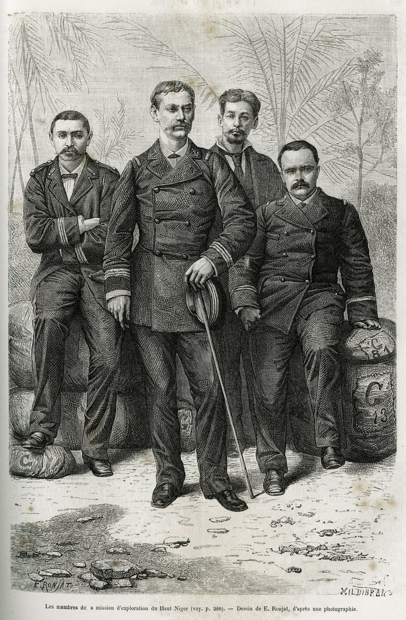 Membros da missão de exploração: (da esquerda para a direita:) Sr. Pietri, tenente de artilharia, encarregado da condução do comboio, Comandante Gallieni, autor da história, Dr. Tautain, médico da marinha, recruta pelos seus conhecimentos de etnografia e n de Etienne Antoine Eugene Ronjat