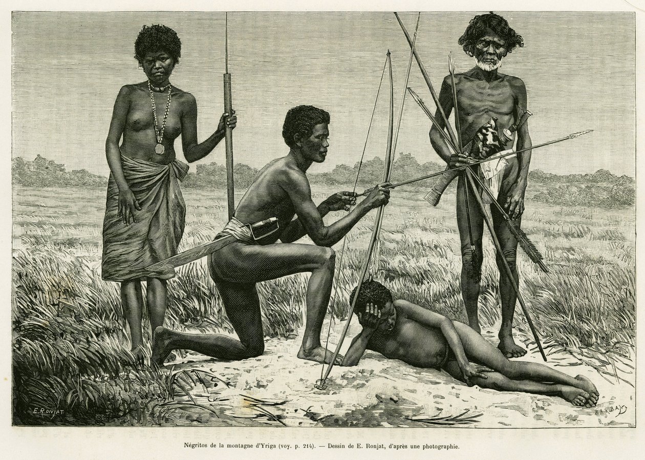 Negritos da Serra de Yriga. Gravura de E.Ronjat para ilustrar a história Lucon e Palaouan, seis anos nas Filipinas, de Alfred Marche (1844-1898), em le tour du monde 1886, dirigido por Edouard Charton (1807-1890), Hachette, Paris. de Etienne Antoine Eugene Ronjat