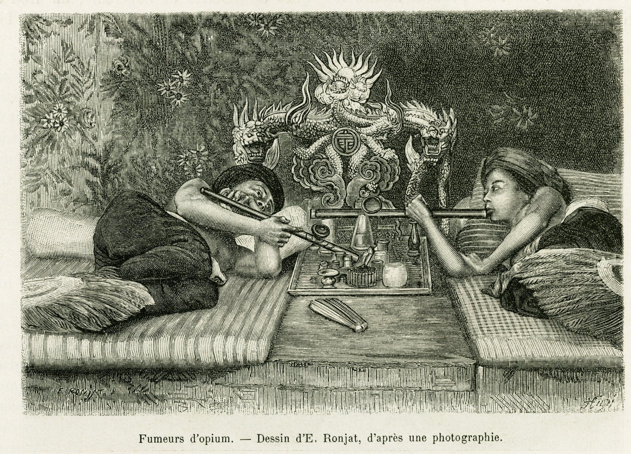Fumadores de ópio. Gravado por E.Ronjat, após uma fotografia, para ilustrar a história Trente mois au Tonkin em 1884, pelo Doutor Hocquard, em le tour du monde 1889, dirigido por Edouard Charton (1807-1890), Hachette, Paris. de Etienne Antoine Eugene Ronjat