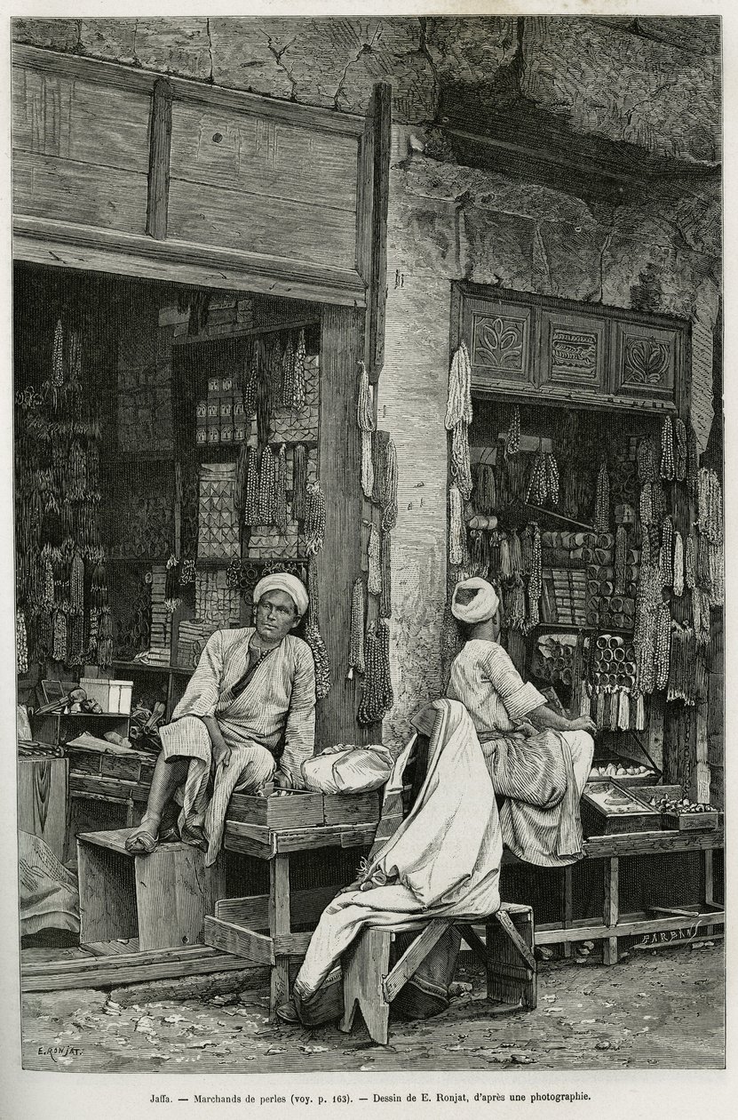 Comerciantes de pérolas em Jaffa (Israel). Gravura de E.Ronjat para ilustrar La Syria d