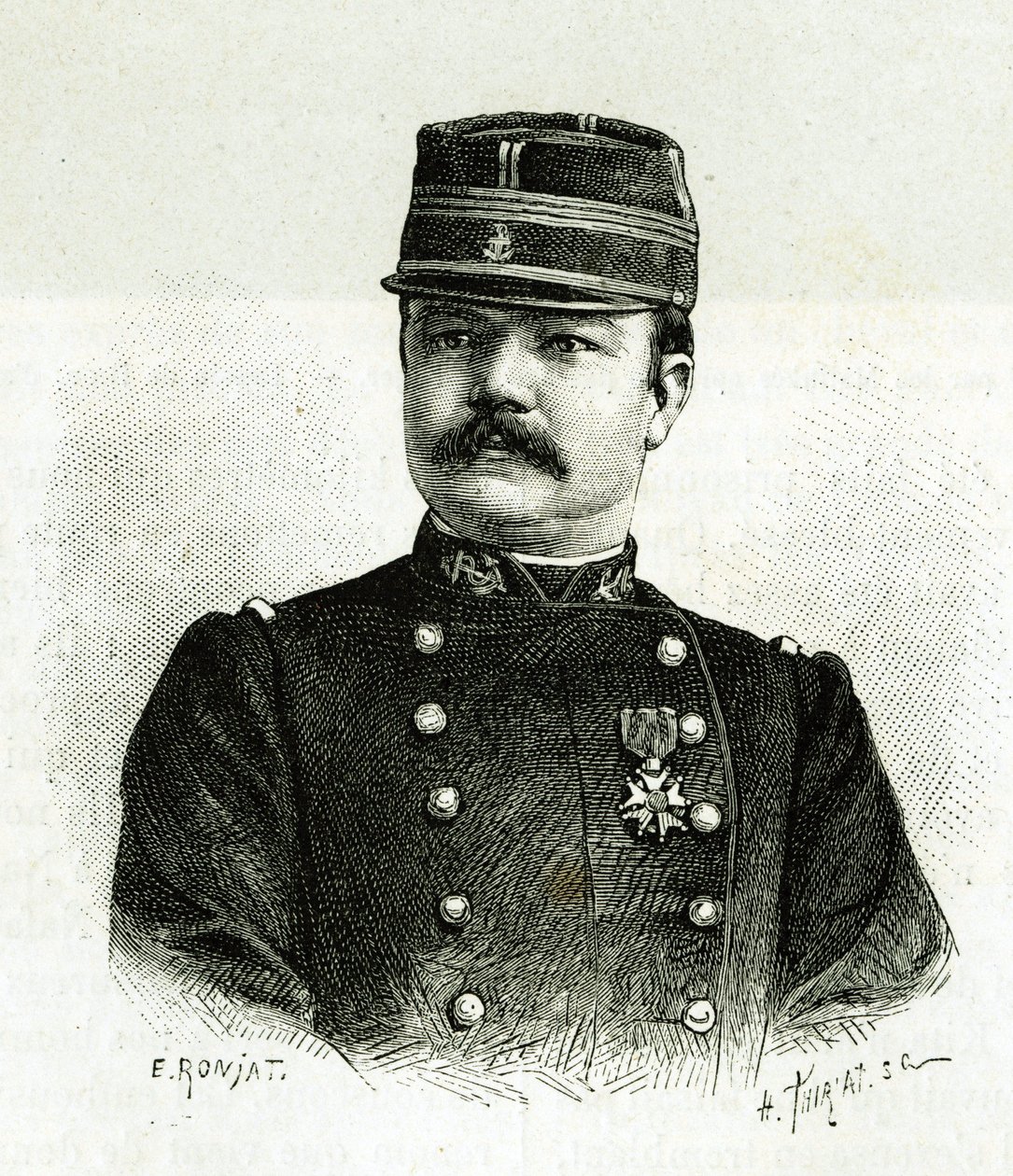 Retrato do Capitão Valliere, da infantaria naval, durante a expedição a África sob o comando de Gallieni. Gravura de E.Ronjat, após fotografia, para ilustrar a história "Exploração do Haut Niger" (Haut Niger), pelo Comandante de Etienne Antoine Eugene Ronjat