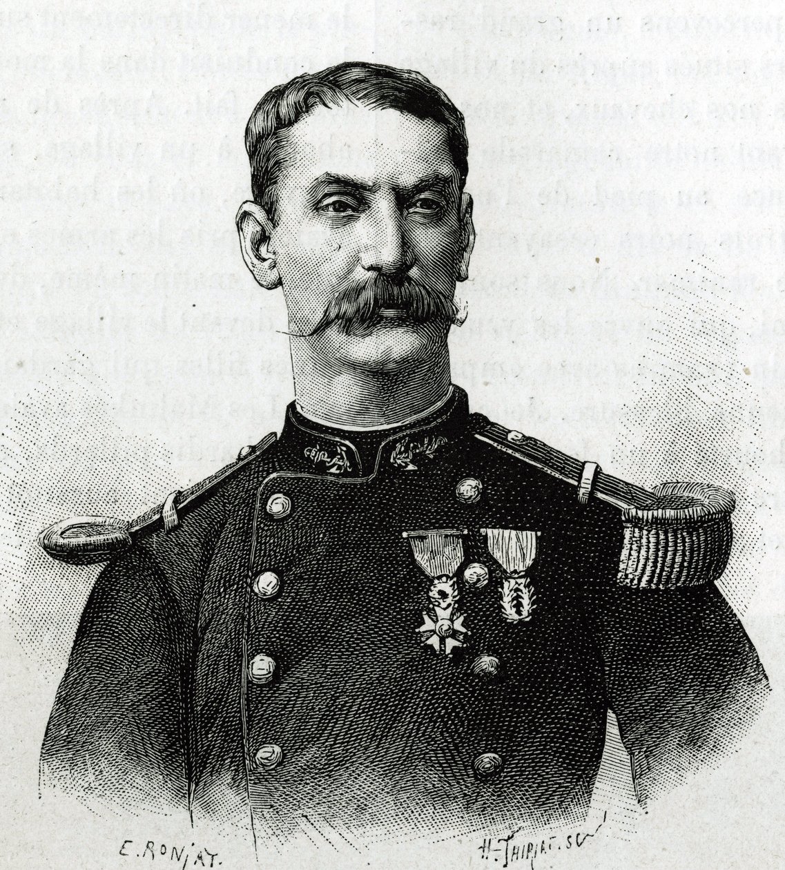Retrato do Comandante Joseph Gallieni, durante a expedição em África (1879-1882). Gravura de E. Ronjat depois de uma fotografia, para ilustrar a história "Exploration du Haut Niger (Haut Niger)" (actual Mali) do Comandante Joseph Gallieni (1849-1916) de th de Etienne Antoine Eugene Ronjat