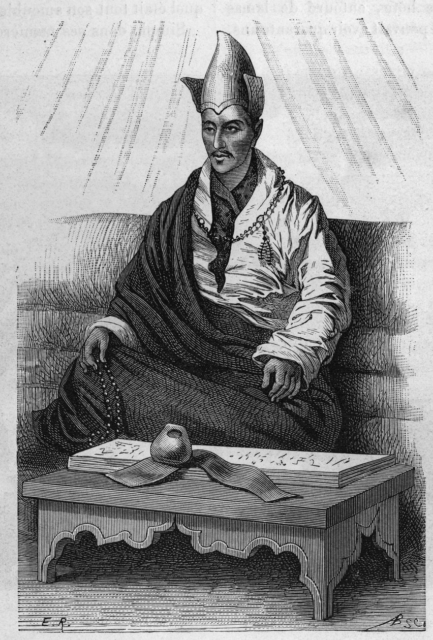 Retrato de "Khutukcha", um sumo sacerdote do Tibete nos anos 1870-1880. Gravura após um desenho de Ronjat, em "Le Tour du Monde, Nouveau journal des Voyages", editado por Edouard Charton, Paris. de Etienne Antoine Eugene Ronjat