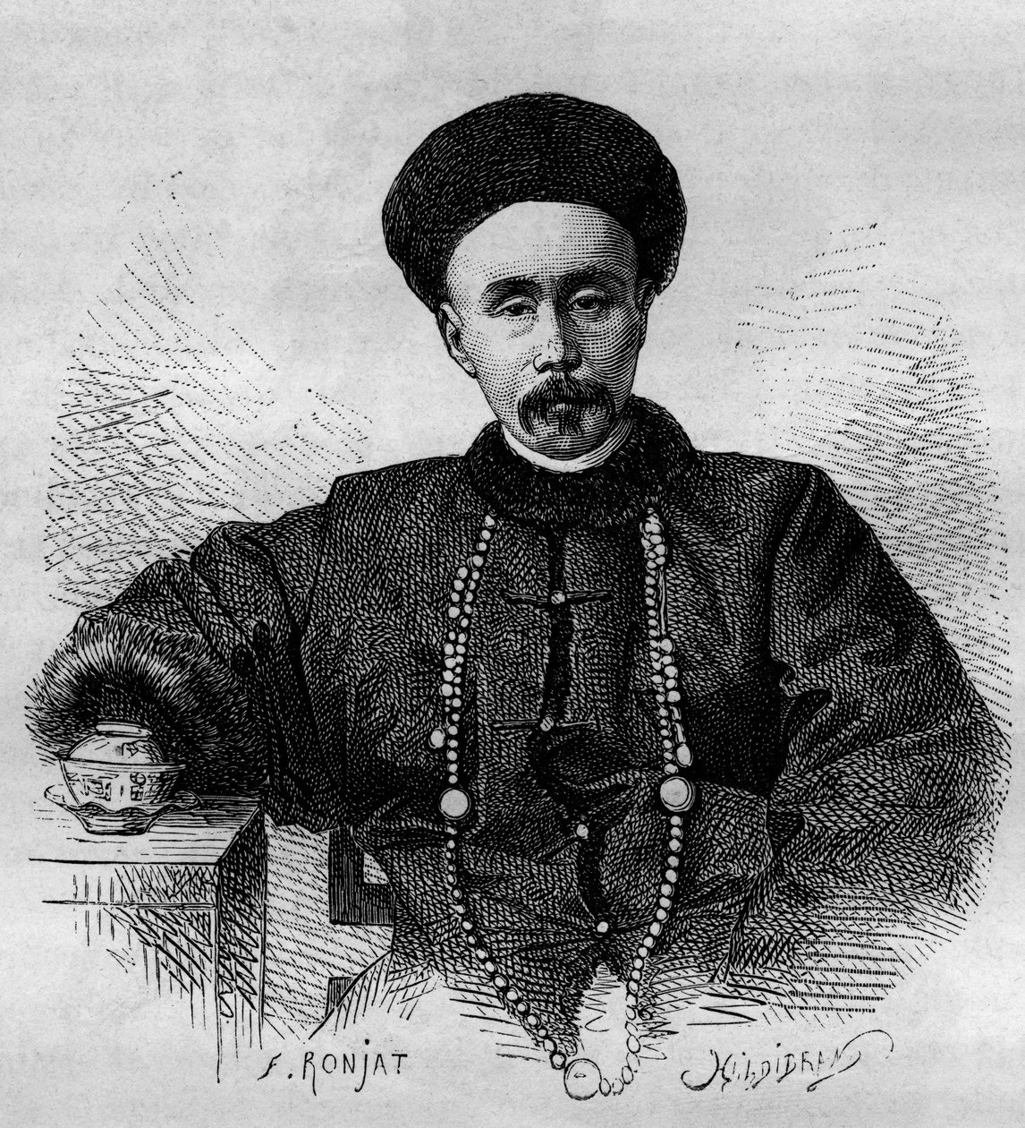 Retrato de Li Hongzhang (1832-1901), general chinês e vice-rei de Zhili de 1871 a 1895 e de 1900 a 1901. Gravura a partir de um desenho de Ronjat, de uma fotografia de Thomson, em "Le Tour du Monde, Nouveau journal des Voyages", editado de Etienne Antoine Eugene Ronjat