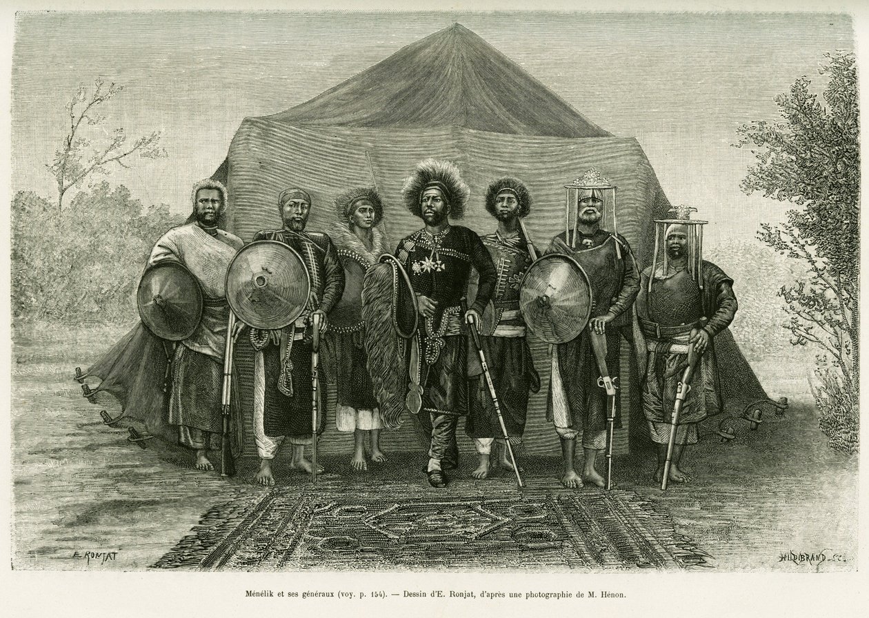 Retrato do Príncipe Menelik II da Etiópia (1844-1913), cercado por seus generais. Gravura de Ronjat, depois de uma fotografia, para ilustrar a história Voyage au Choa (Abyssinie meridionale) de Etienne Antoine Eugene Ronjat