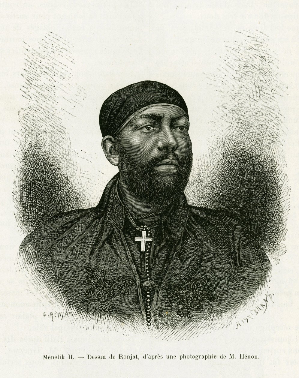 Retrato do Príncipe Menelik II da Etiópia (1844- 1913). Gravura de Ronjat, depois de uma fotografia, para ilustrar a história Voyage au Choa (Abyssinie meridionale) de Etienne Antoine Eugene Ronjat