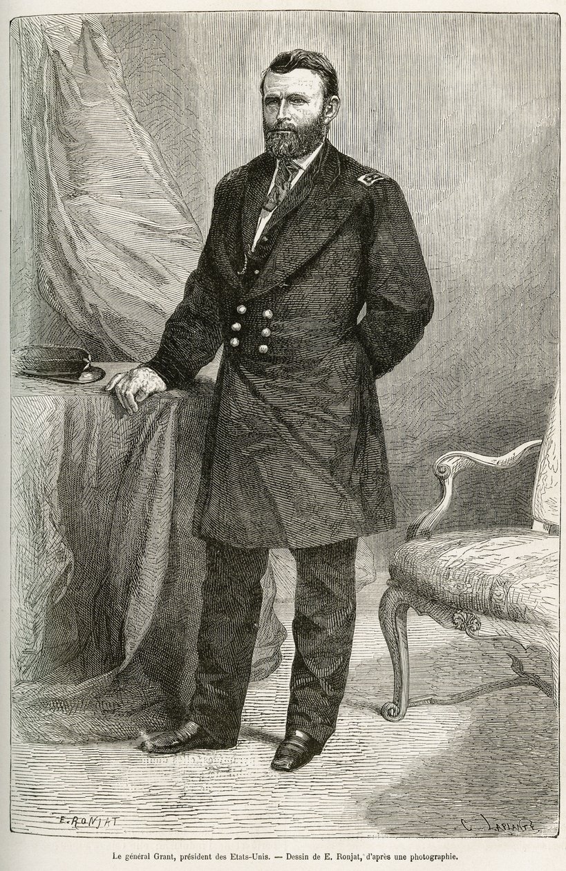 Retrato de Ulysses Grant (1822-1885), general americano, líder das tropas da União durante a Guerra da Secessão e 18º Presidente dos Estados Unidos (Estados Unidos) por dois mandatos, de 1869 a 1877. Gravura após o desenho de E.Ronjat, para ilustrar o de Etienne Antoine Eugene Ronjat