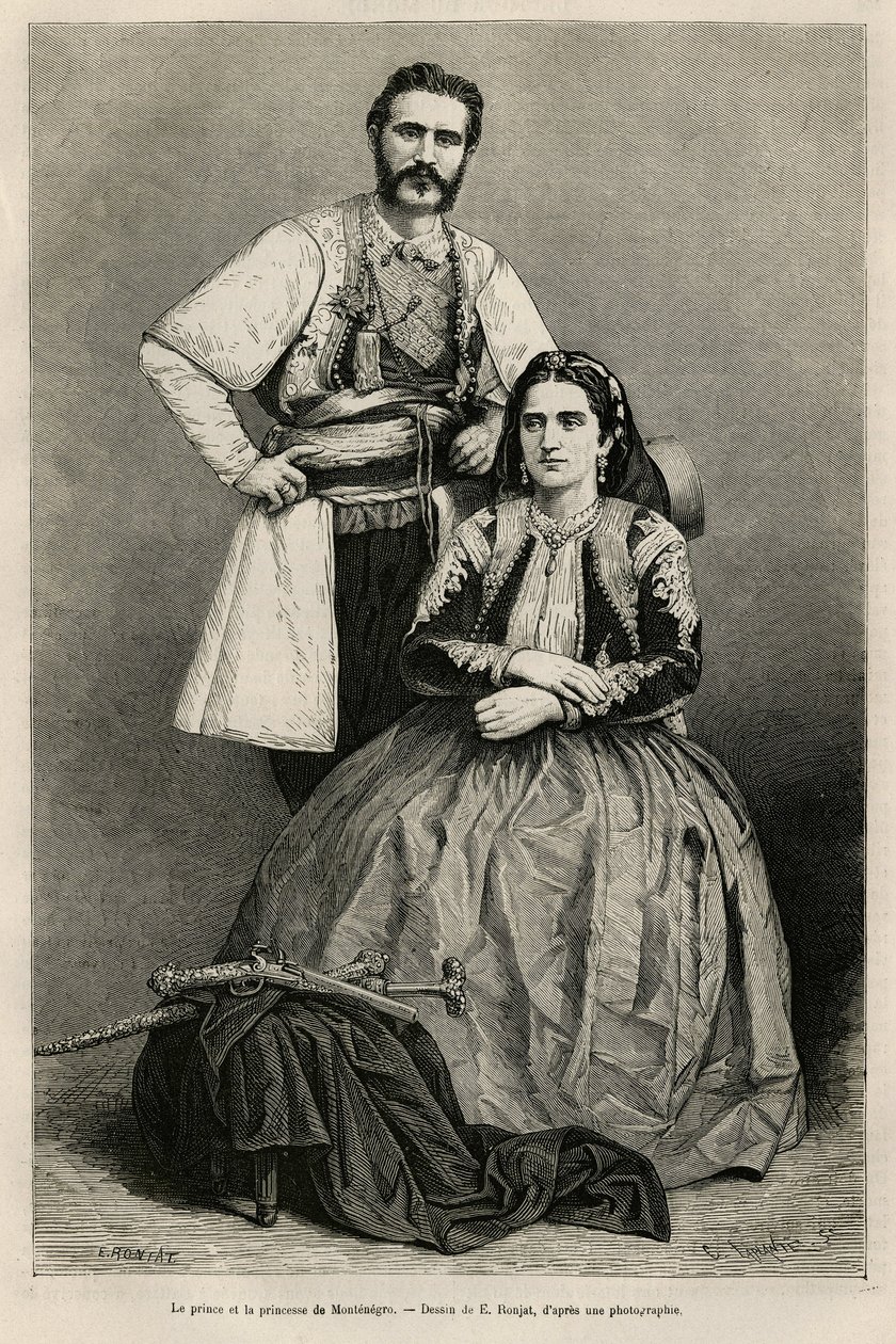 Retratos do Príncipe de Montenegro Nicholas I Petrovicz Niegosch (1841-1921) e sua esposa, Milena, nee Voukovich (1847-1923), desenho de E.Ronjat, para ilustrar a viagem a Montenegro, em 1874, de Charles Yriarte (1832-1898). Gravura em Le tour du de Etienne Antoine Eugene Ronjat