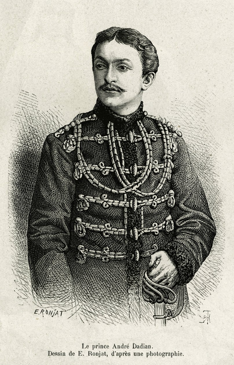 Príncipe Andre Dadian de Mingrelie (1850-1910), general do exército russo e campeão de xadrez. Gravura de E.Ronjat, para ilustrar a história Un tour en Mingrelie (região da Geórgia, que se estende entre o Cáucaso e o Rion), de Carla Serena, em 1876-187. de Etienne Antoine Eugene Ronjat