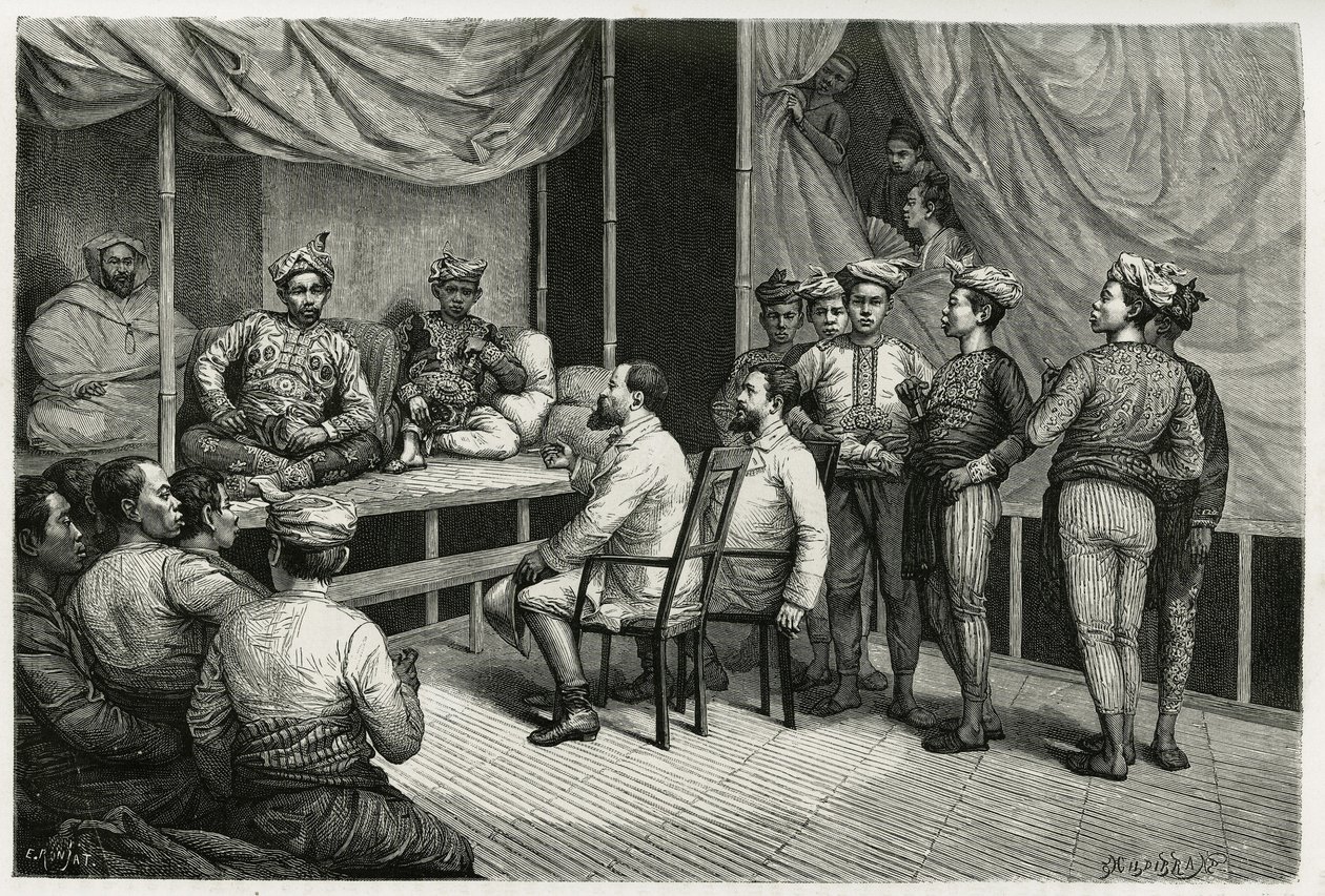 Recepção de viajantes no palácio do sultão de Soulou (ou Sulu) (arquipélago das Filipinas), Mohammed Yamalul Alam. Gravura de E.Ronjat, para ilustrar a história "Journey to the Philippines". de Etienne Antoine Eugene Ronjat