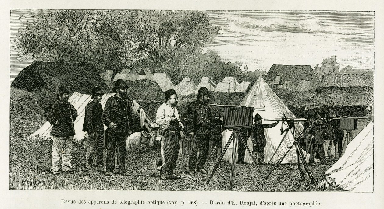 Revisão do aparelho de telegrafia óptica. Gravura de E.Ronjat, para ilustrar a história Trente mois au Tonkin, em 1884, do médico Paul Hocquard, em le tour du monde 1890, sob a direção de Edouard Charton (1807-1890), Hachette, Paris. de Etienne Antoine Eugene Ronjat