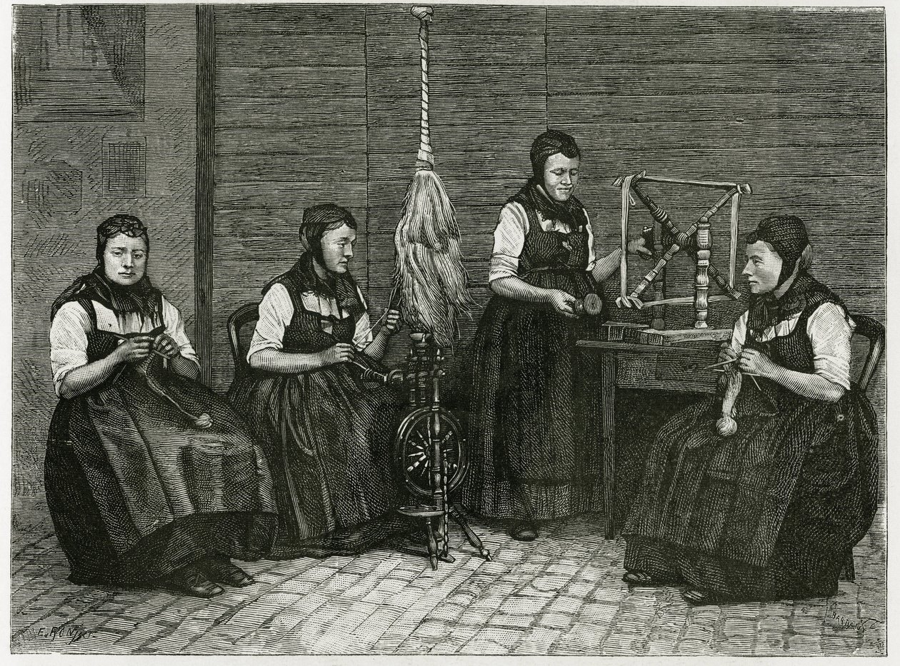 Espalhadores Sondernach, descrição dos diferentes estágios de fiação, mão, fuso e fuso. Gravura de E.Ronjat, para ilustrar a história "Atravers l