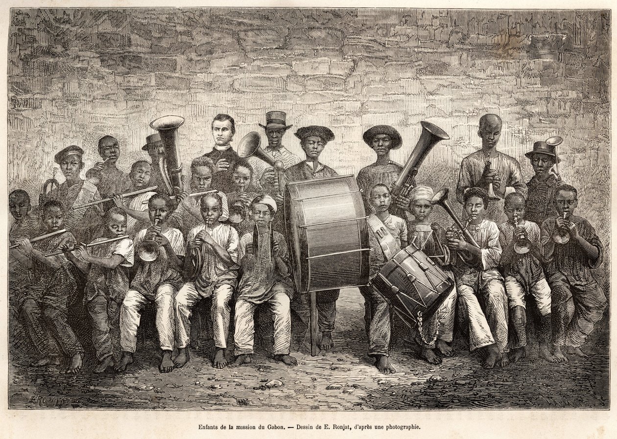 A banda das crianças da missão do Gabão. Gravura após o desenho de E.Ronjat, para ilustrar o cruzeiro na costa da África, do Vice-Almirante Fleuriot de Langle, em 1868, publicada em "Le tour du monde" 1876, editada por Edouard Charton, Hachet de Etienne Antoine Eugene Ronjat