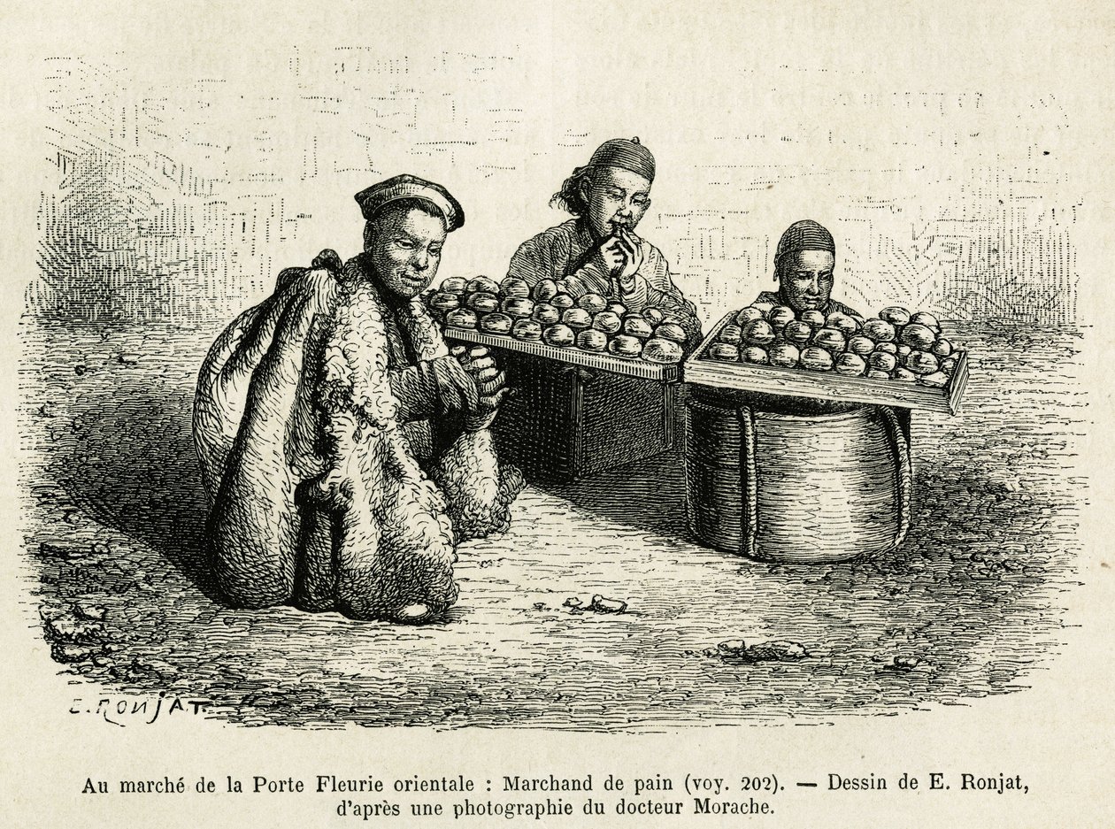 O comerciante do pão, aos pés da Porta Oriental das Flores do Palácio Imperial, em Pequim, uma cena actual da vida quotidiana. Gravura após o desenho de E.Ronjat, para ilustrar a viagem a Pequim e ao Norte da China, de T. Choutze, em 1873, publicada em de Etienne Antoine Eugene Ronjat