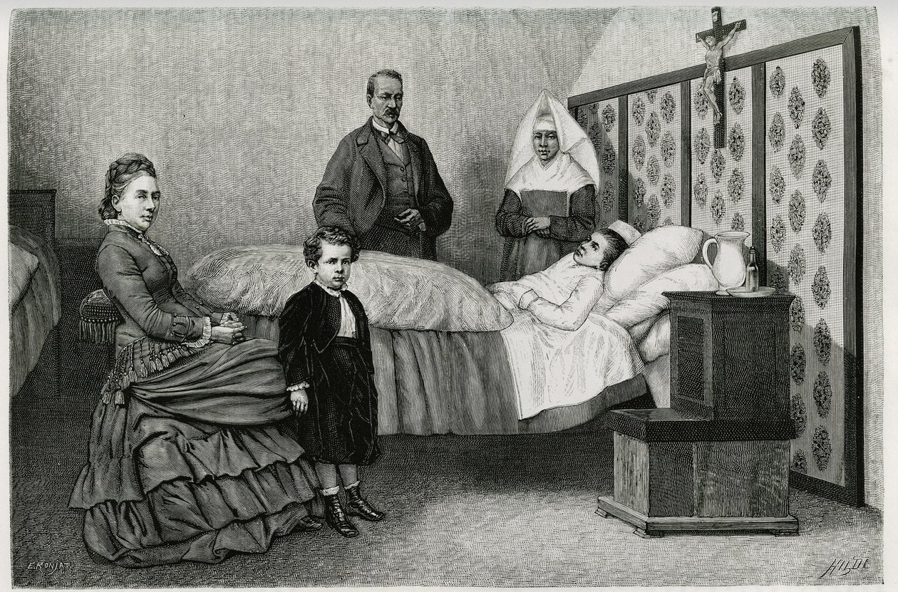 A consulta do médico no hospital de Logelbach. Gravura de E.Ronjat, para ilustrar a história "Through Alsace and Lorraine", em 1884, de Charles Grad (1842-1890), deputado alemão, escritor e naturalista. Publicado em Le Tour du monde, nouveau journal d de Etienne Antoine Eugene Ronjat