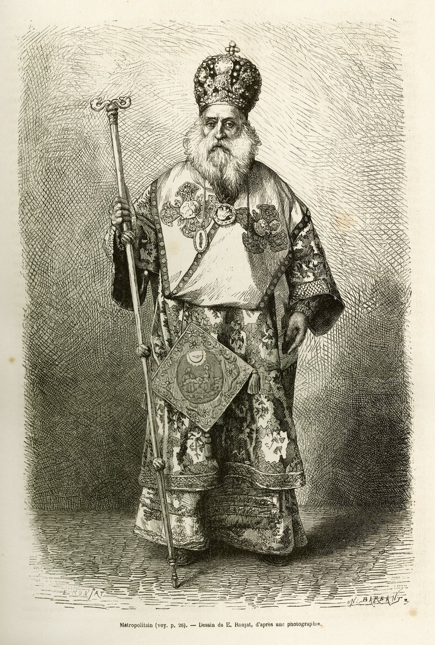 A eveque metropolitana da nova catedral de Athenes. Gravura após o desenho de E.Ronjat, para ilustrar a viagem à Grécia, de Henri Belle, em 1861-1868-1874, publicada em "Le tour du monde" 1876, editada por Edouard Charton, edição Hachette, de Etienne Antoine Eugene Ronjat