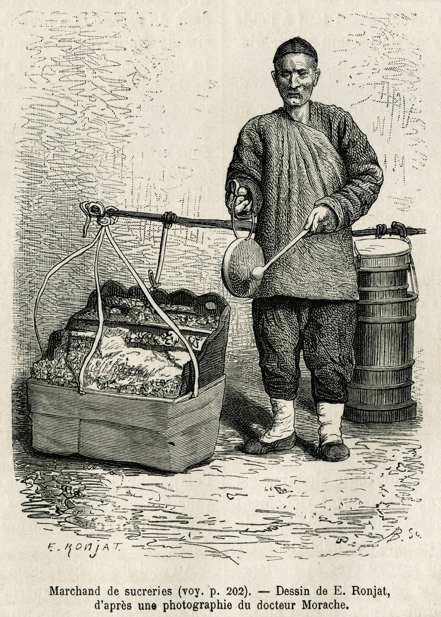O comerciante de açúcar bateu num tambor plano para chamar a atenção para os seus damascos secos, maçãs cristalizadas e berlingo de caramelo, caminhando pela Porta da Flor Oriental do Palácio Imperial, em Pequim. Gravura após o desenho de E.Ronjat, para il de Etienne Antoine Eugene Ronjat
