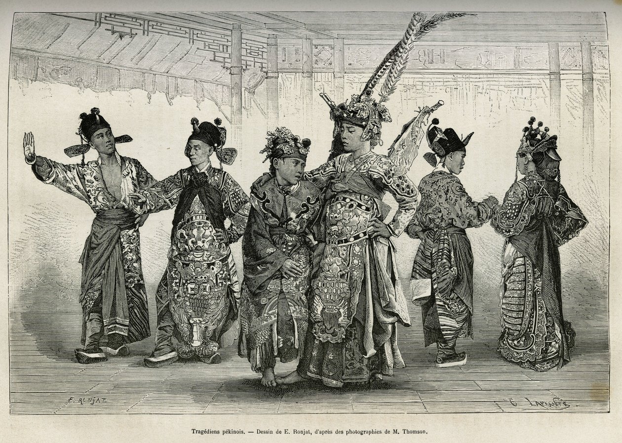 Tragedians de um teatro pequinês, especializado em dramas históricos e mitológicos. Gravura após o desenho de E.Ronjat, para ilustrar a viagem a Pequim e ao Norte da China, de T. Choutze, em 1873, publicada em "Le tour du monde" 1876, editada por Ed de Etienne Antoine Eugene Ronjat