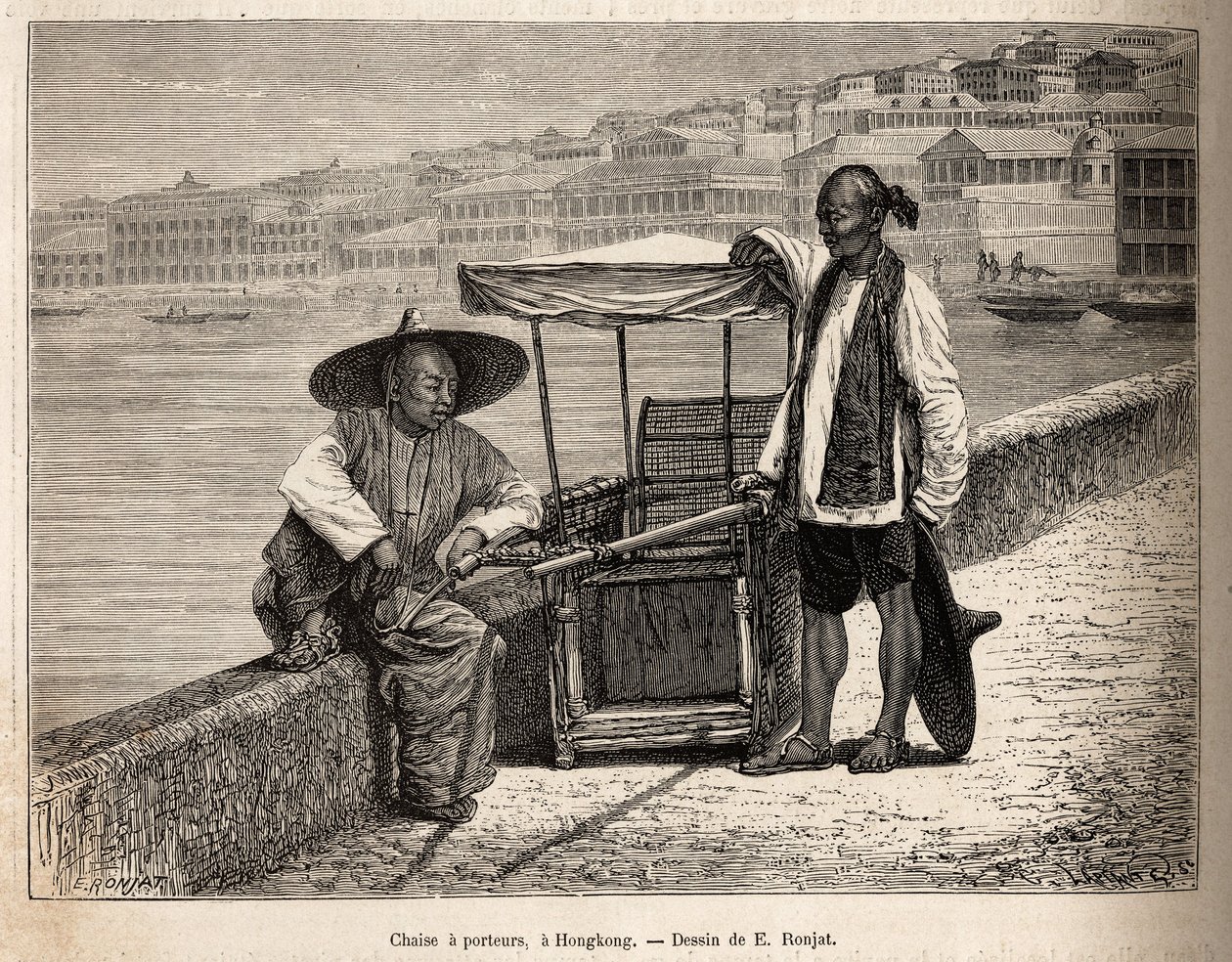 Dois portadores em repouso ao lado de sua cadeira de rodas em Hong Kong, gravada após um desenho de E. Ronjat ilustrando a viagem à China, de J. Thompson, em 1870-1872, publicado em "Le tour du monde" 1875, editado por Edouard Charton, edição Hachette, Par de Etienne Antoine Eugene Ronjat