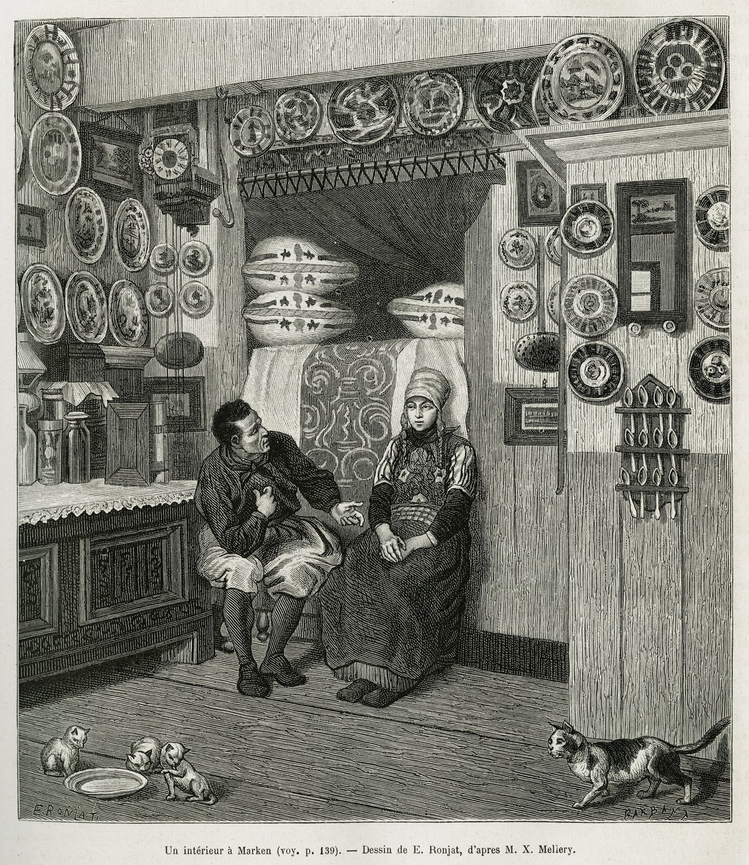 Un interieur à Marken (Pays Bas), gravada após um desenho de E.Ronjat, para ilustrar a história do Neerlande, de Charles de Coster, em 1878, publicada no tour du monde, sob a direcção de Edouard Charton de Etienne Antoine Eugene Ronjat