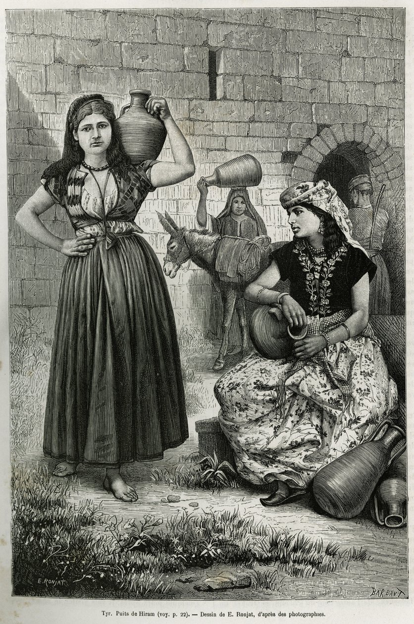 Mulheres carregando jarras, perto do poço do Hiram em Tyre. Gravura de E.Ronjat, para ilustrar a história La Syria d