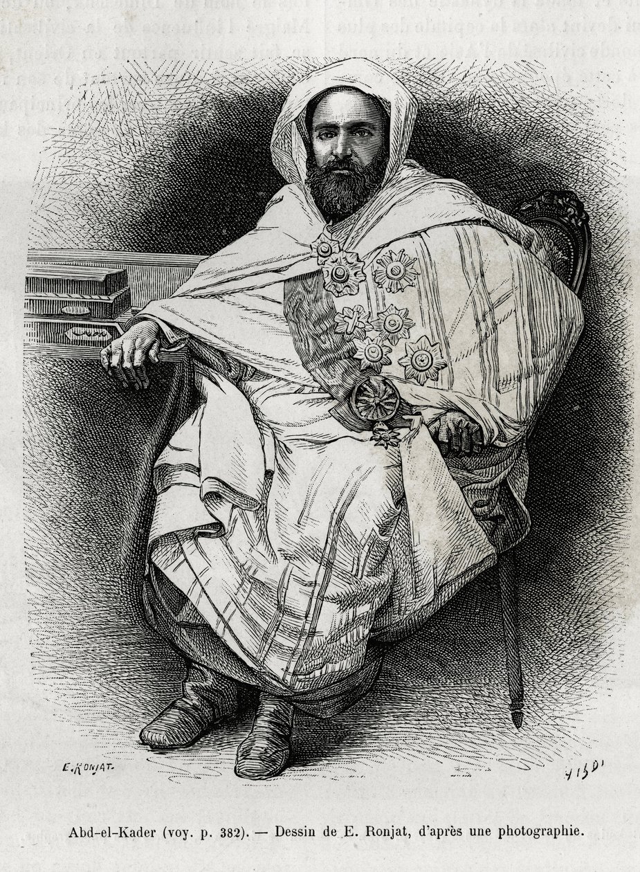 retrato de Abd El Kader (1808-1883), emir e sultão argelino, teólogo sufi, político e resistência militar ao exército colonial francês, também escritor, poeta e filósofo. Gravura de E.Ronjat, para ilustrar a história La Syria d
