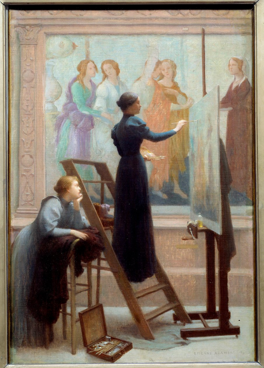 Au Louvre (duas mulheres copiando o afresco de Botticelli) Pintura de Etienne Azambre (1859-1933) 1894 Sol. 0,61x0,41 m Atenção! O uso deste trabalho pode ser sujeito a um pedido de autorização de terceiros ou taxas adicionais de Etienne Azambre