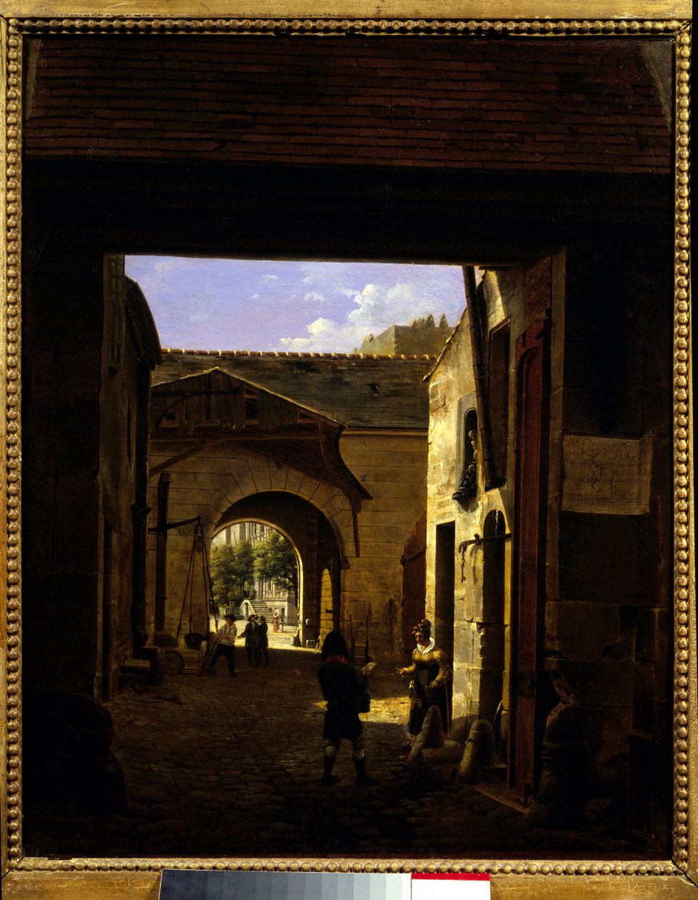 O pátio de uma casa de condução na rue Saint Denis conhecida como pátio Sainte Catherine Scene, no 1º arrondissement de Paris. Pintura de Etienne Bouhot (1780-1862) 1832 Sol. 0,27x0,22 m Paris, Musee Carnavalet. de Etienne Bouhot