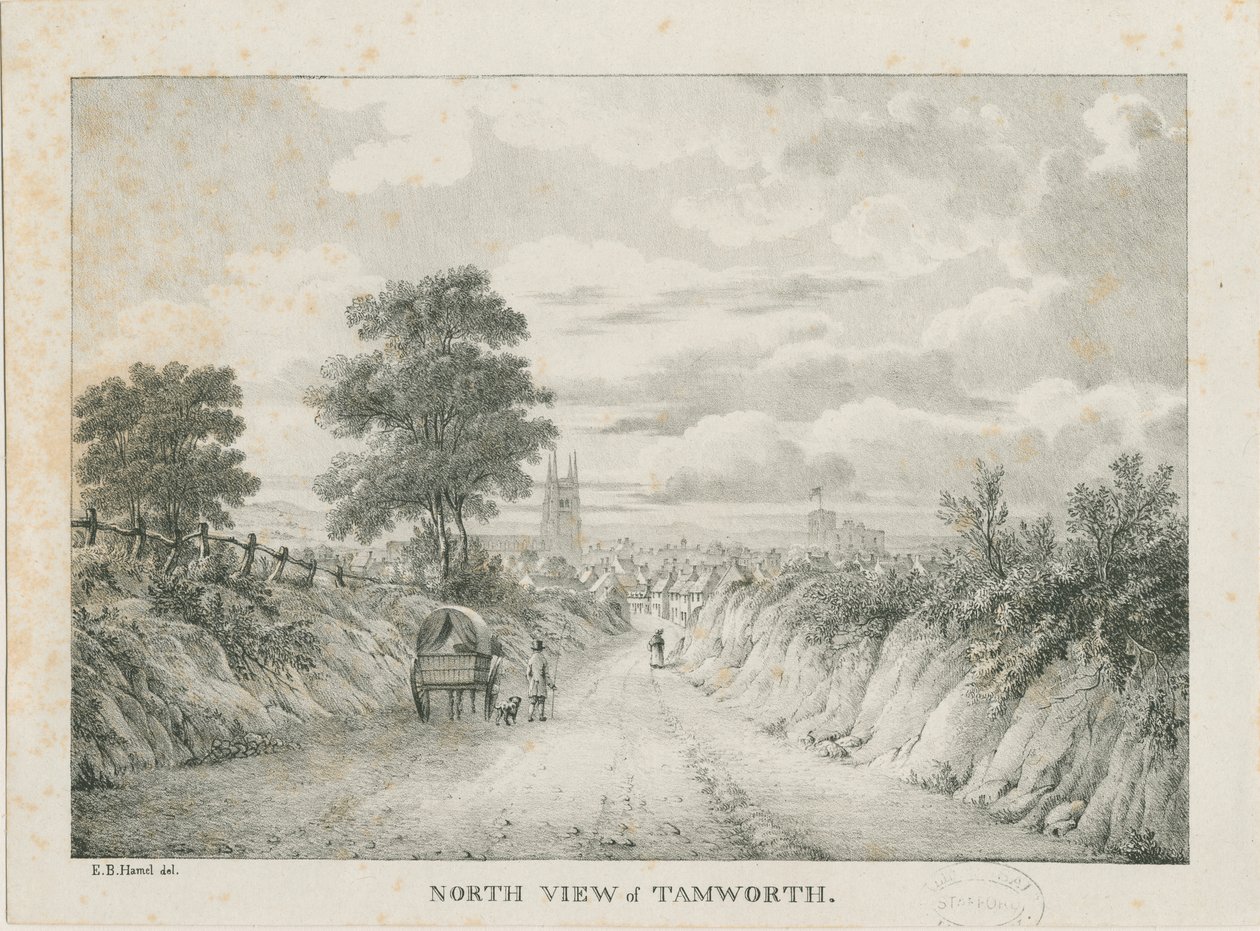 Tamworth - Vista distante do norte: litografia, nd [1796-1865] de Etienne Bruno Hamel