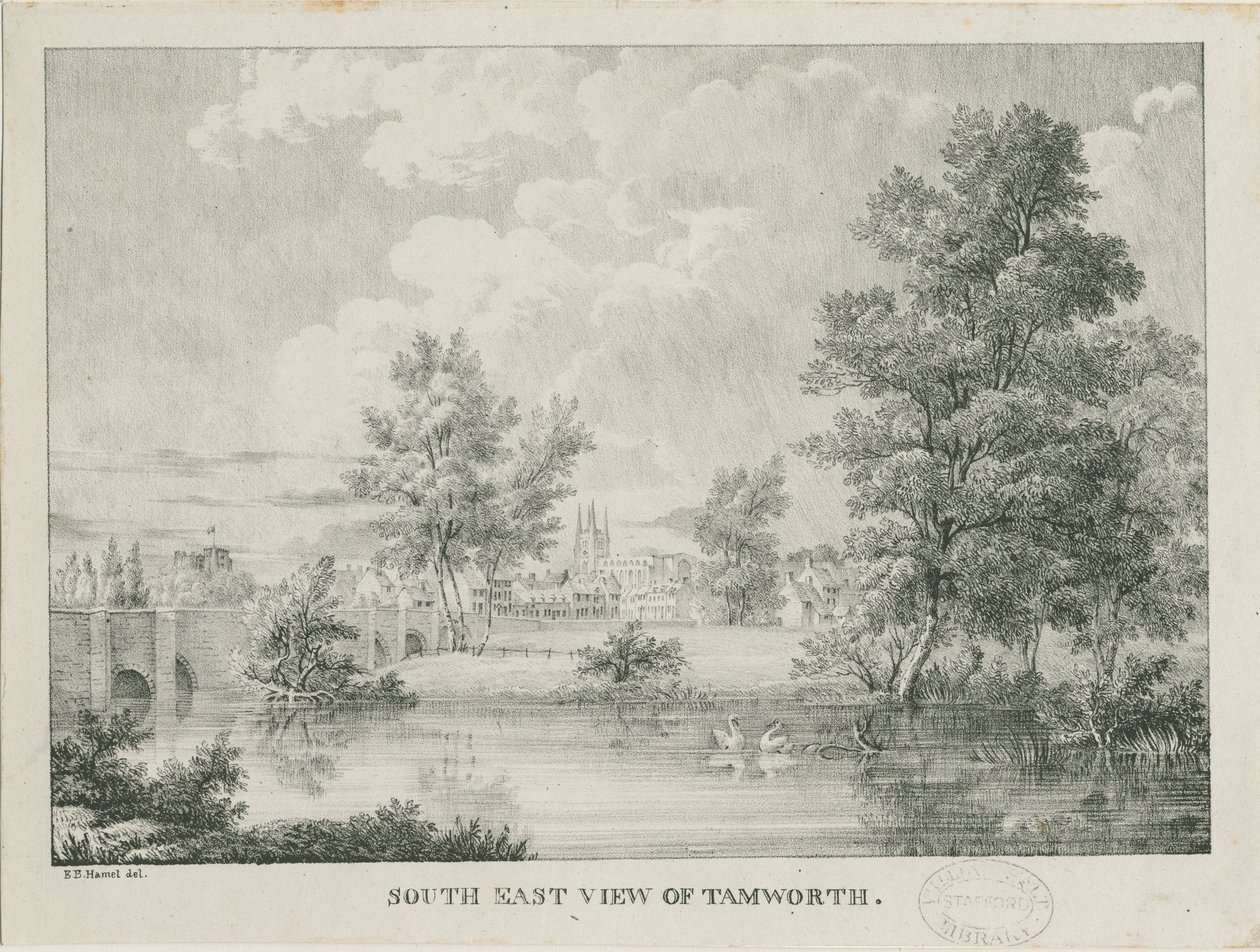 Tamworth - Vista distante do sul: litografia, nd [1796-1865] de Etienne Bruno Hamel