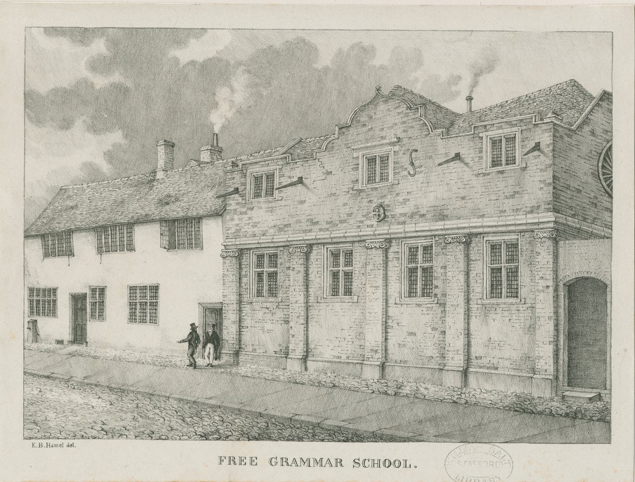 Tamworth - Almshouses de Guy: desenho em sépia, 1838 de Etienne Bruno Hamel