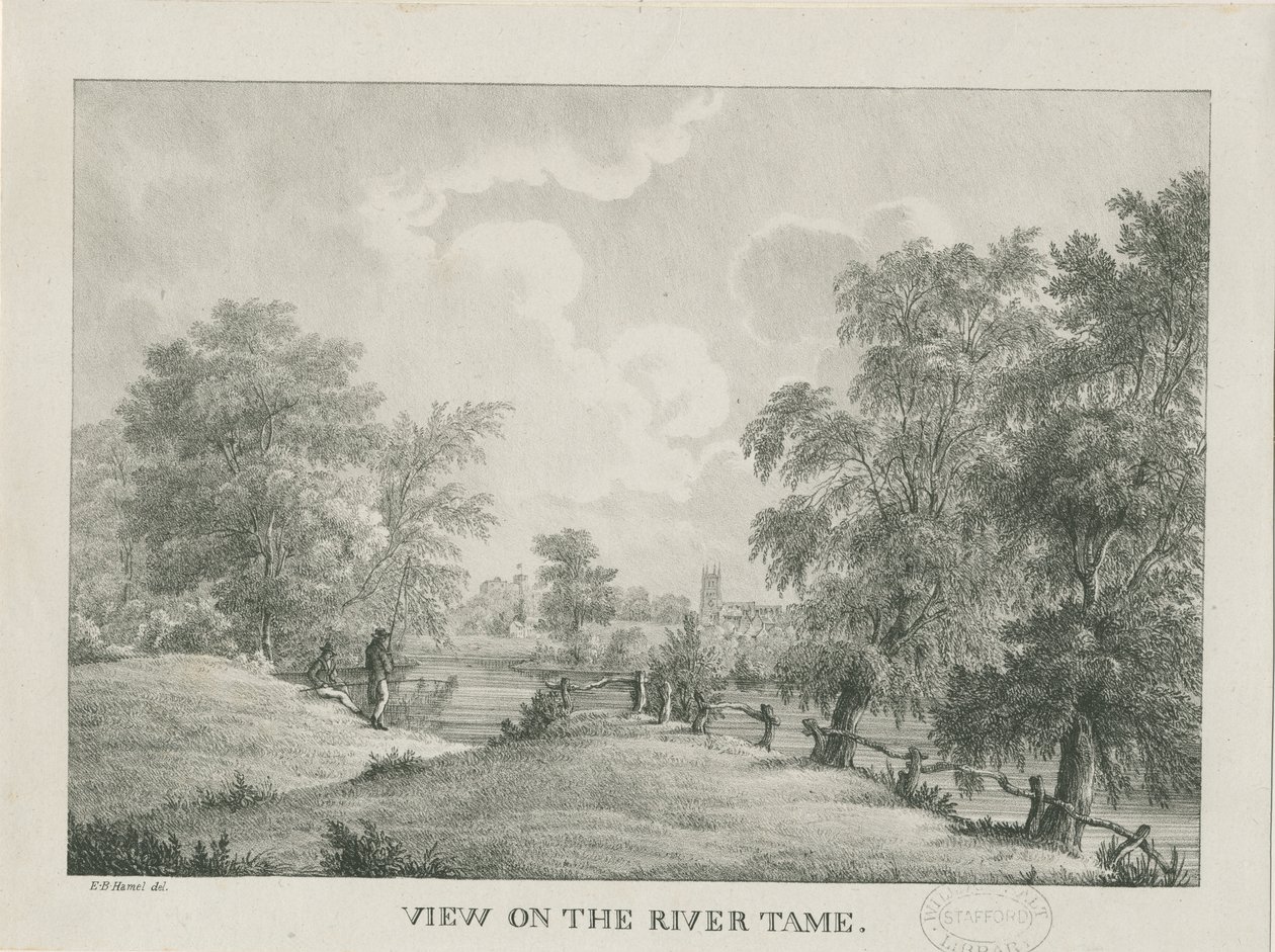 Tamworth - The River Tame: litografia, nd [1796-1865] de Etienne Bruno Hamel