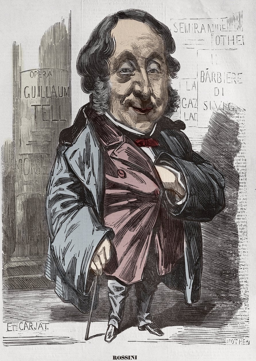 Retrato de Gioachino (Gioacchino) Rossini (1792-1868), Caricatura de Etienne Carjat - Etienne Carjat (1928-1906), retrato carregado por Rossini para Diogene, depois de Nadar, 21 de Dezembro de 1856 coloração digital de Etienne Carjat