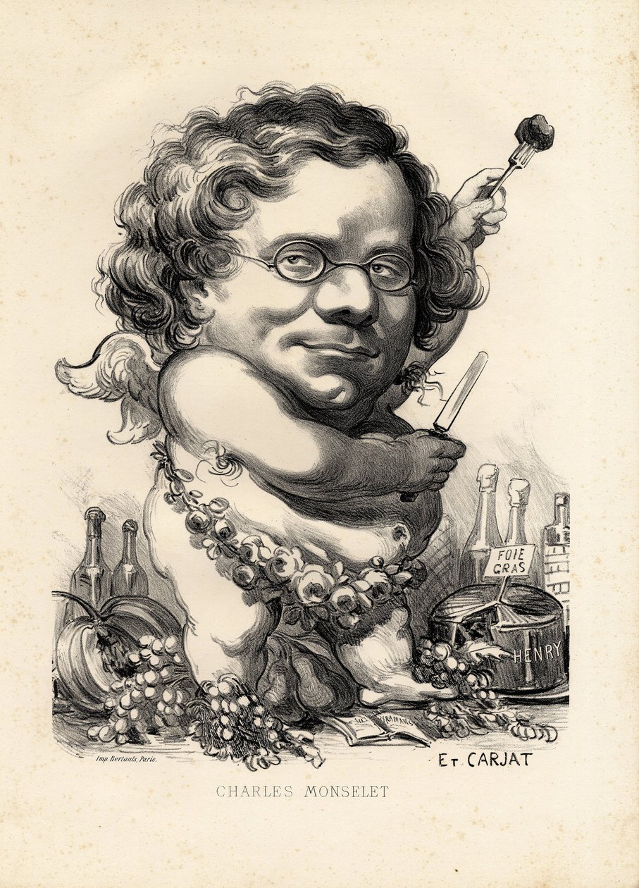 Folha voadora - Ilustração de Etienne Carjat (1826-1906): Obeite, Foie gras - Monselet Charles (1825-1888) de Etienne Carjat