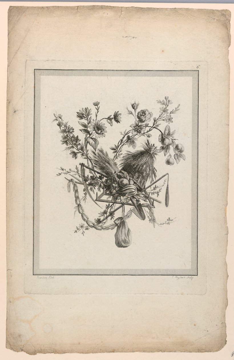 Troféu com Implementos de Colheita, Placa 6 de "Suíte de Diferentes Atributos, Troféus e Grupos de Flores", Suíte II de Etienne Claude Voysard