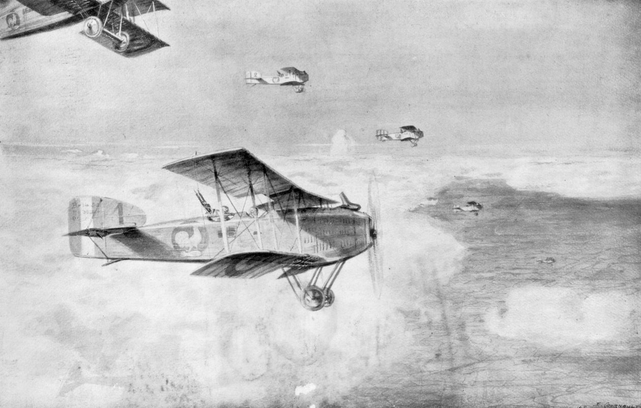 Um esquadrão francês de bombardeiros diurnos acima de um mar de nuvens, 1918, 1926. de Etienne Cournault