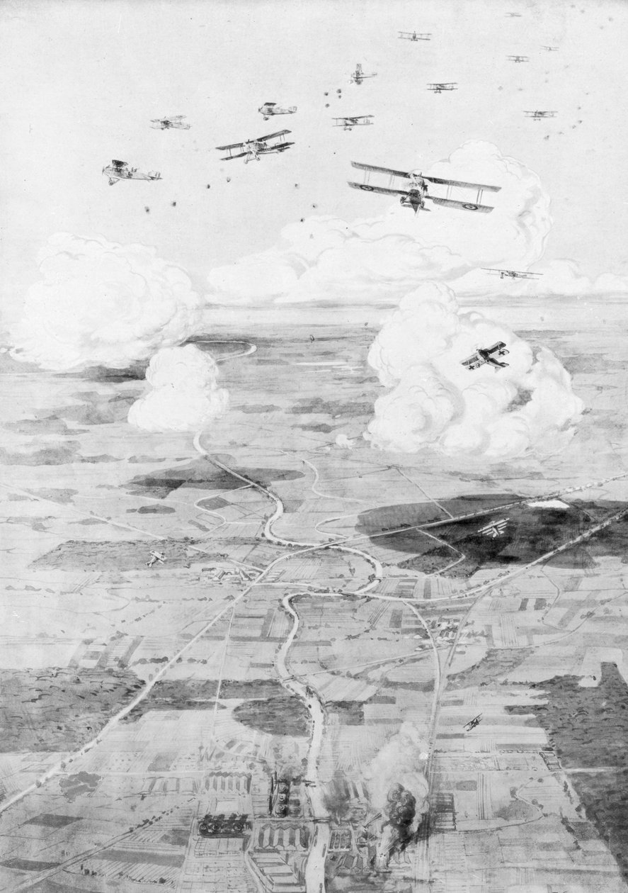 Esquadrão francês sobre o objetivo, fábricas à beira de um rio, 1918, 1926. de Etienne Cournault