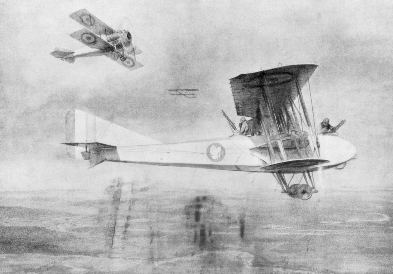 Avião de três lugares em uma missão fotográfica, protegido por um avião de caça Spad, 1918 1926. de Etienne Cournault