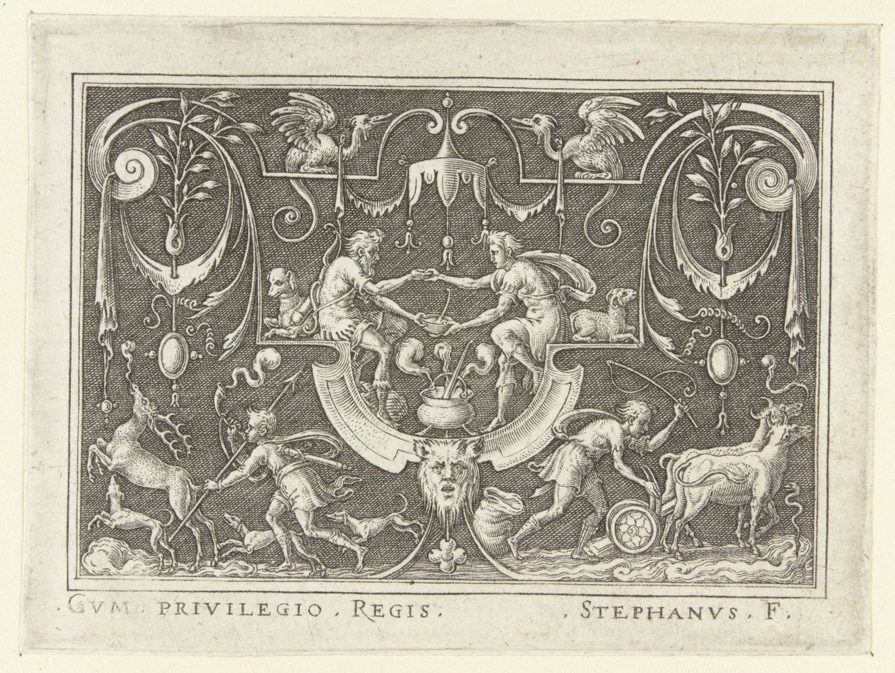 Esaú vende sua primogenitura a Jacó Decorações planas com cenas do Antigo Testamento em moldura de grotescos (título da série) de Etienne Delaune
