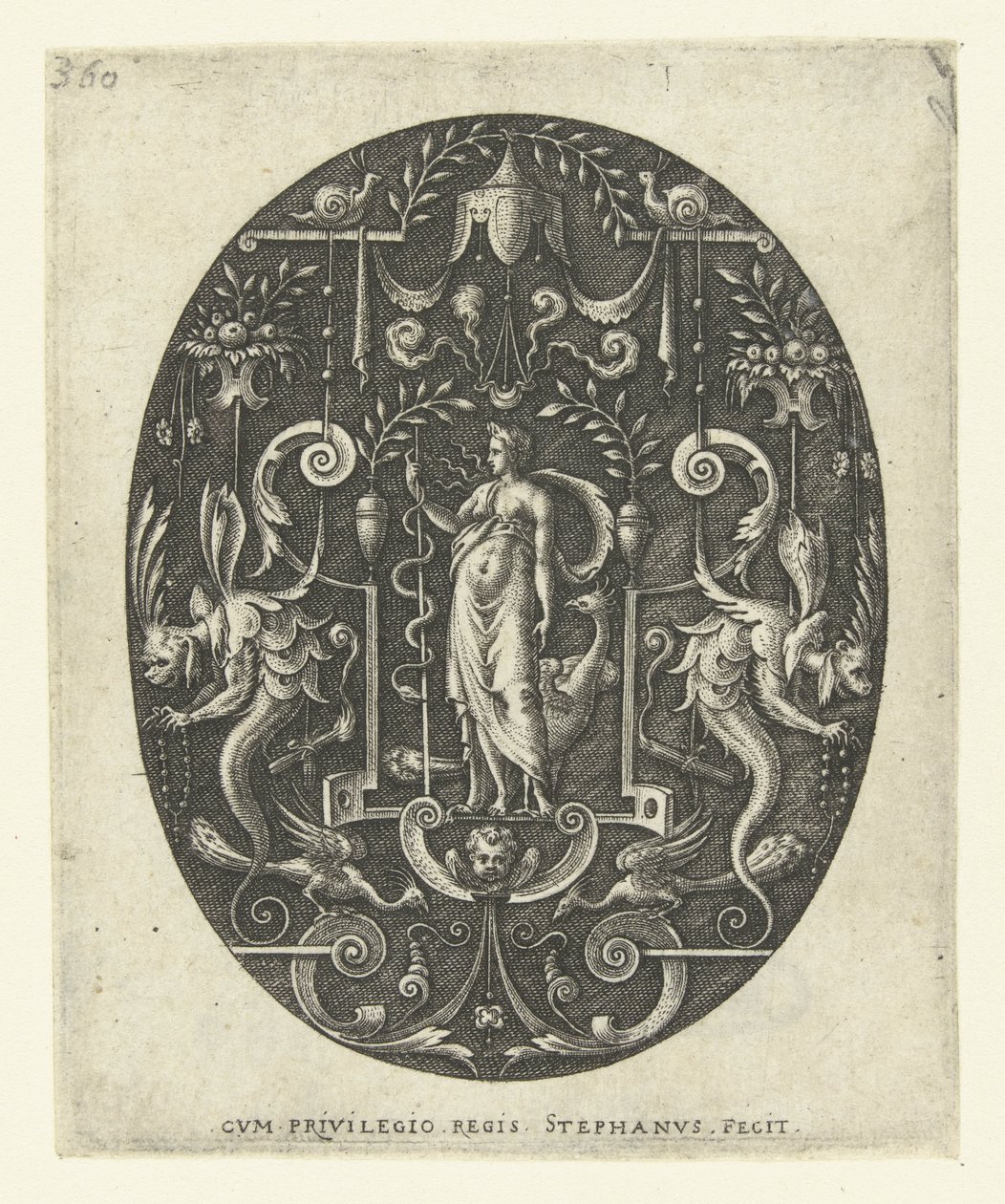 Juno com pavão a seus pés Ovais com deuses, cercados por grotescos (título da série) de Etienne Delaune