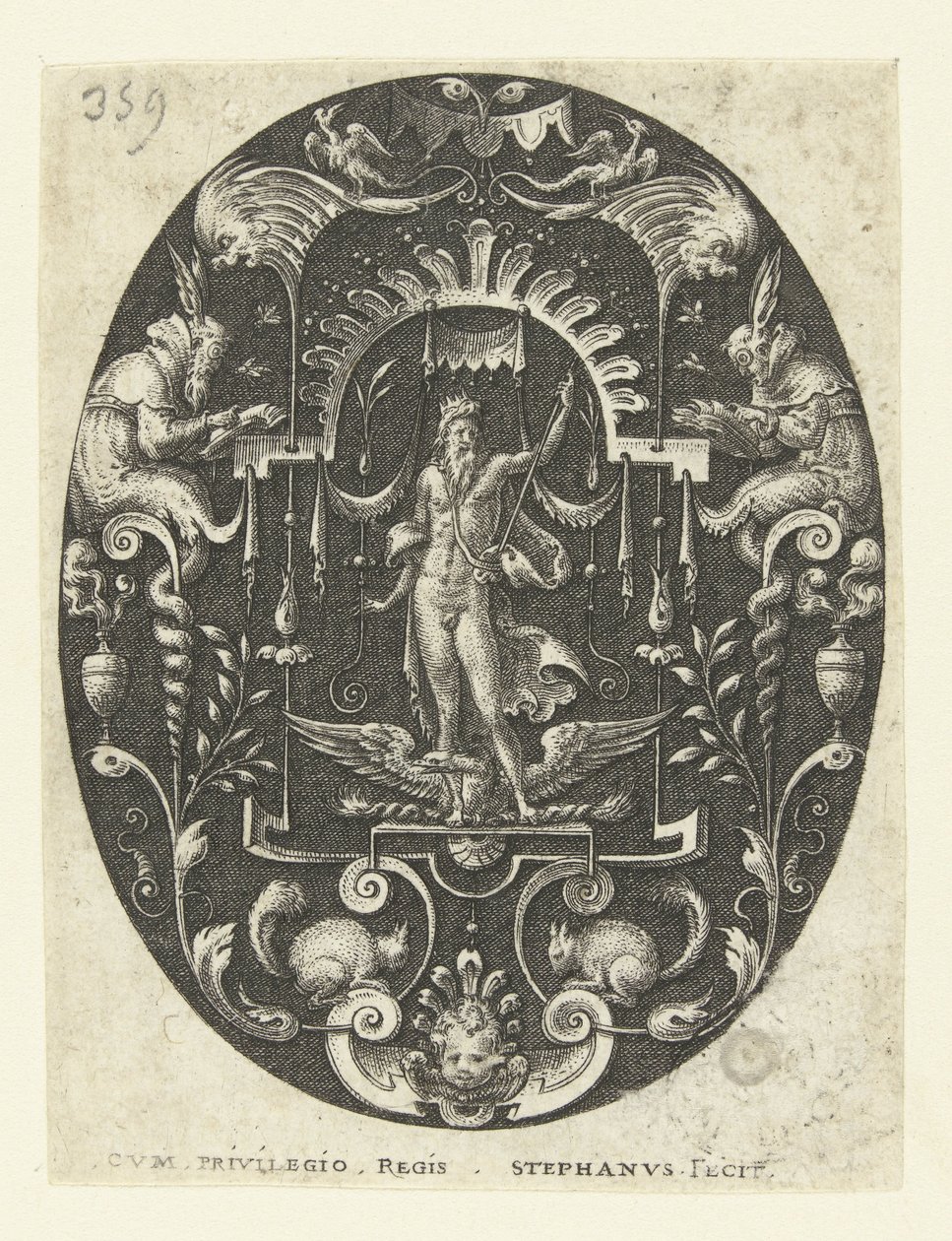 Júpiter com a sua águia a seus pés
Ovais com deuses rodeados de grotescos (título da série) de Etienne Delaune