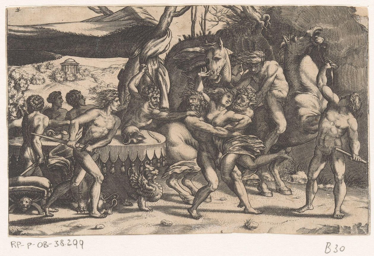 Roubo de uma mulher pelo homem e sátiro
Batalha entre os Lapiths e os Centauros (título da série) de Etienne Delaune