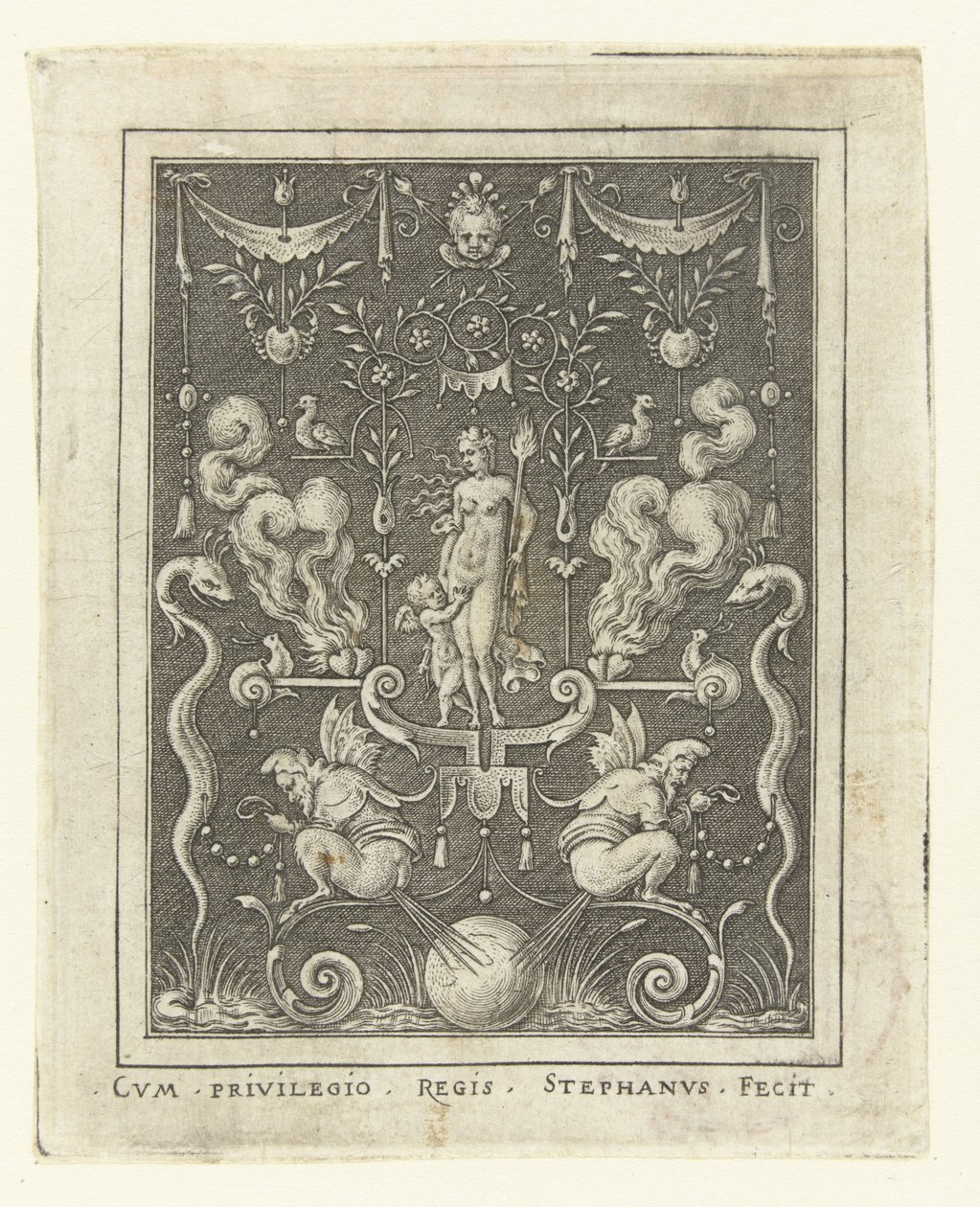 Vênus com Amor entre quatro corações ardentes Decorações de superfície com figuras de deuses em moldura de grotescos (versão posterior) (título da série) de Etienne Delaune