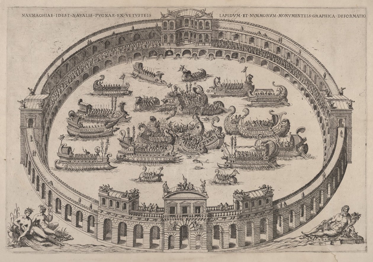 Engajamento naval situado dentro de uma arena romana, com o rio Tibre e ninfas na esquerda inferior ..., 1577-85. de Etienne Duperac