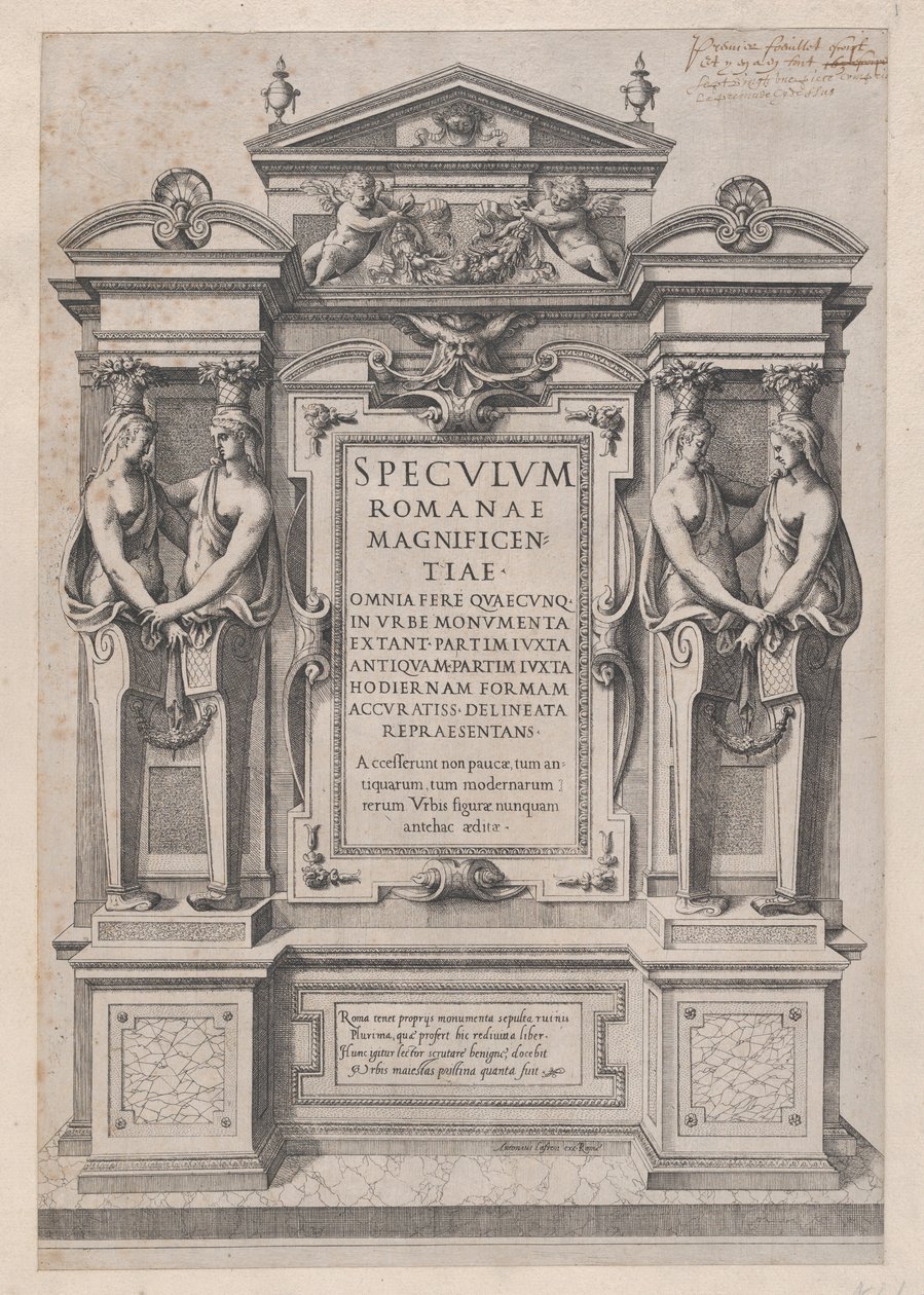 O Espelho Romano da Magnificência: Folha de rosto gravada dentro da arquitetura e escultura..., 1573-77. de Etienne Duperac