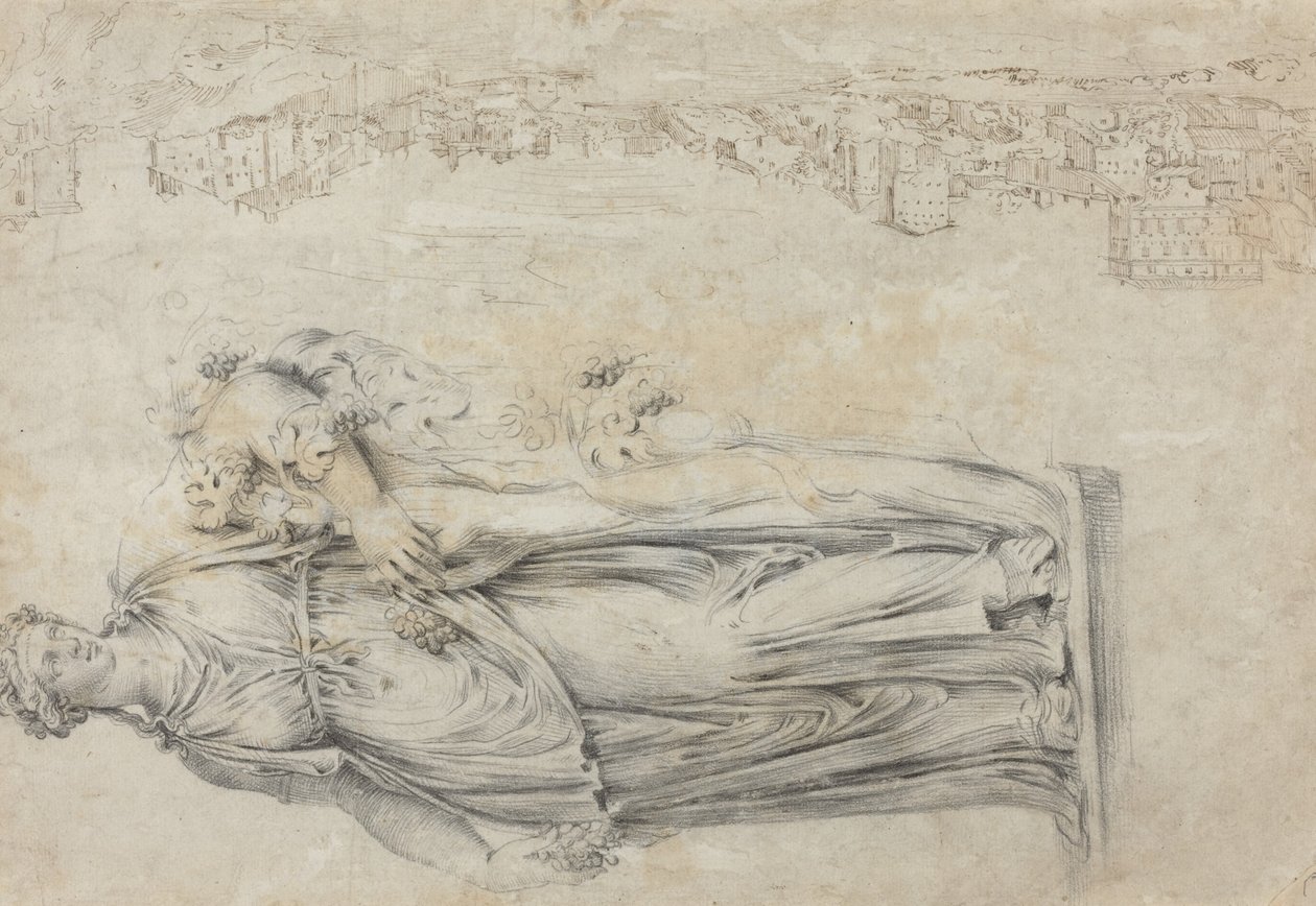 Vista do Tibre; Cópia de uma Escultura Romana de uma Bacante [verso] de Etienne Duperac